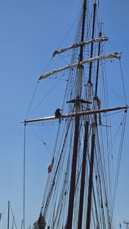 Crew out on the yard, alongside in port