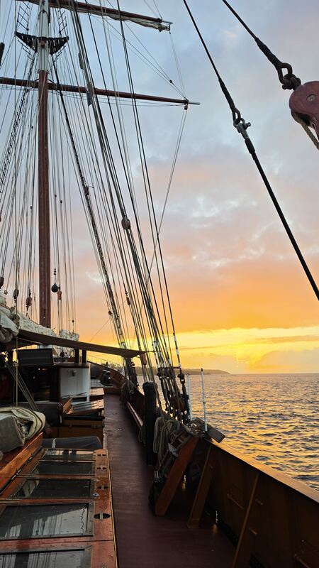 Evening on deck, coast in sight