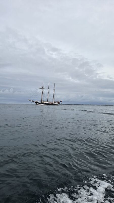 The ship at anchor, seen from the tender, Île de Groix